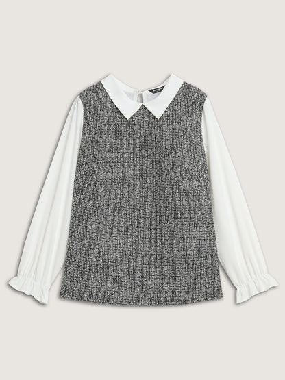 Tweed Patchwork Lantern Sleeve Blouse