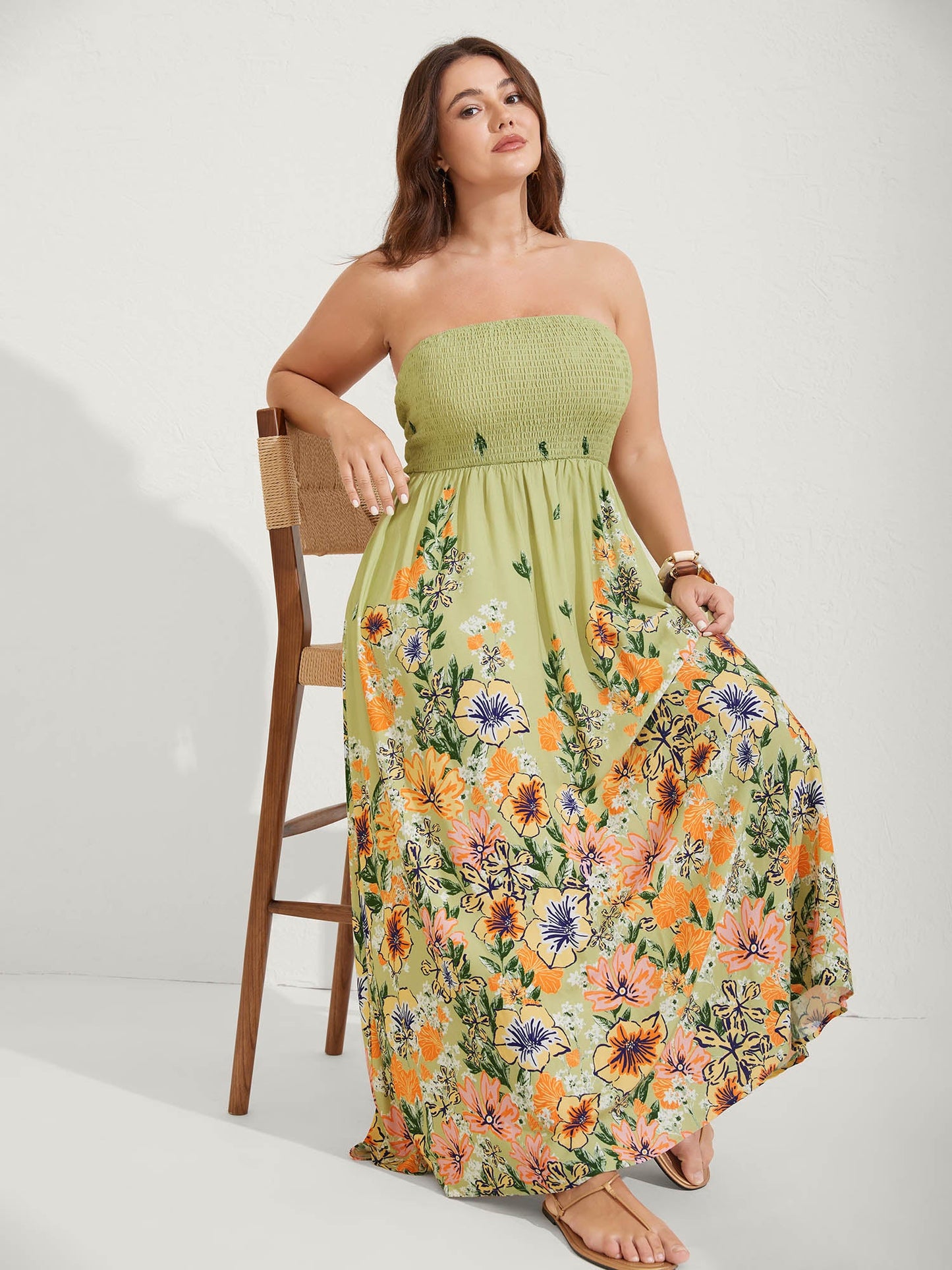Shirred Off-Sleeve Floral Print Maxi Dress