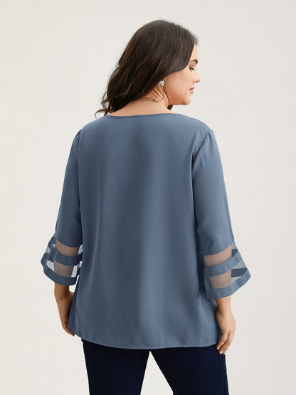 Sheer Sleeve Patchwork Asymmetrical Neckline Blouse