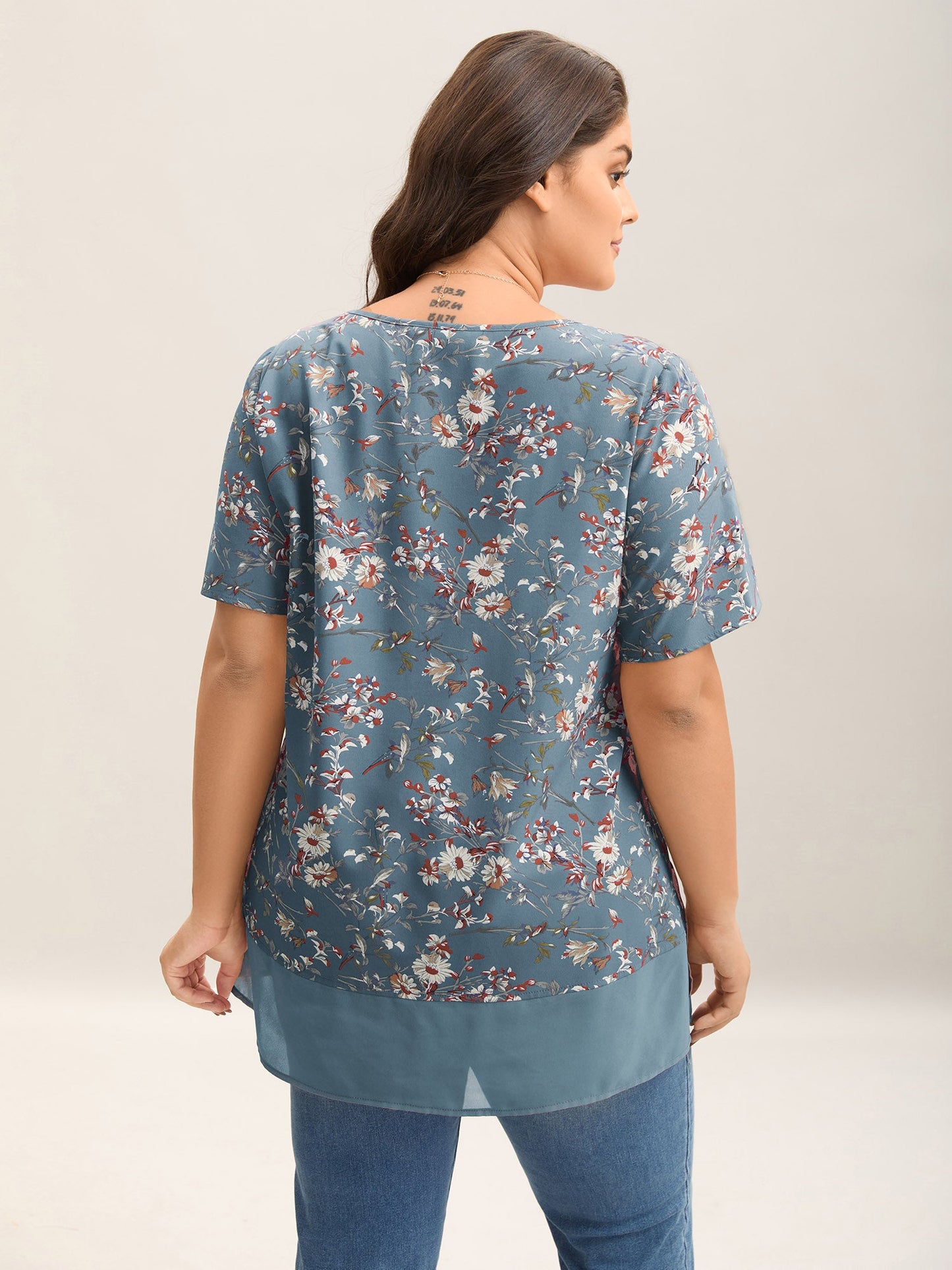 Garden Print Spliced V-Neck Blouse