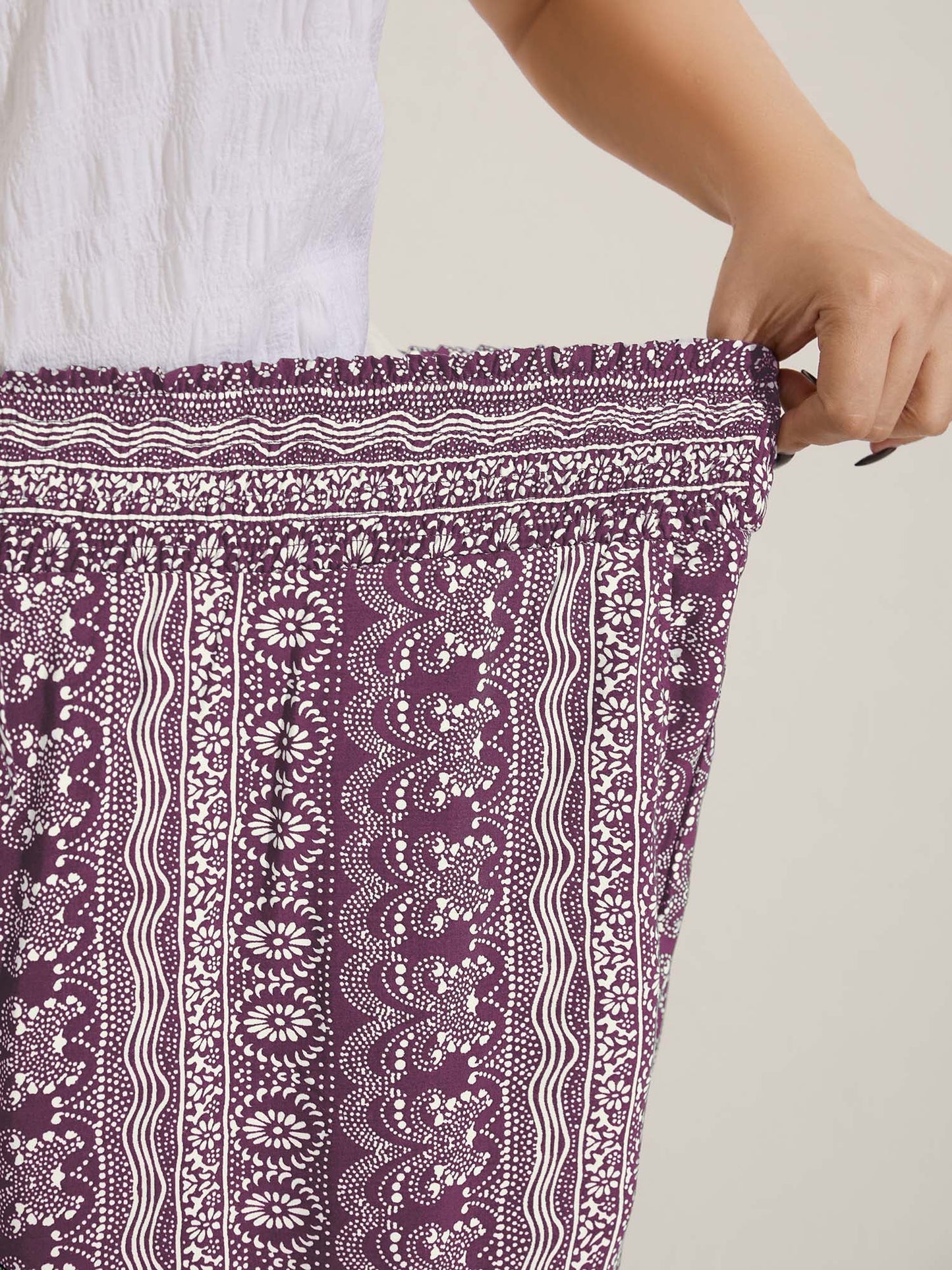 Boho Print Shirred Waist Wide-Leg Pants
