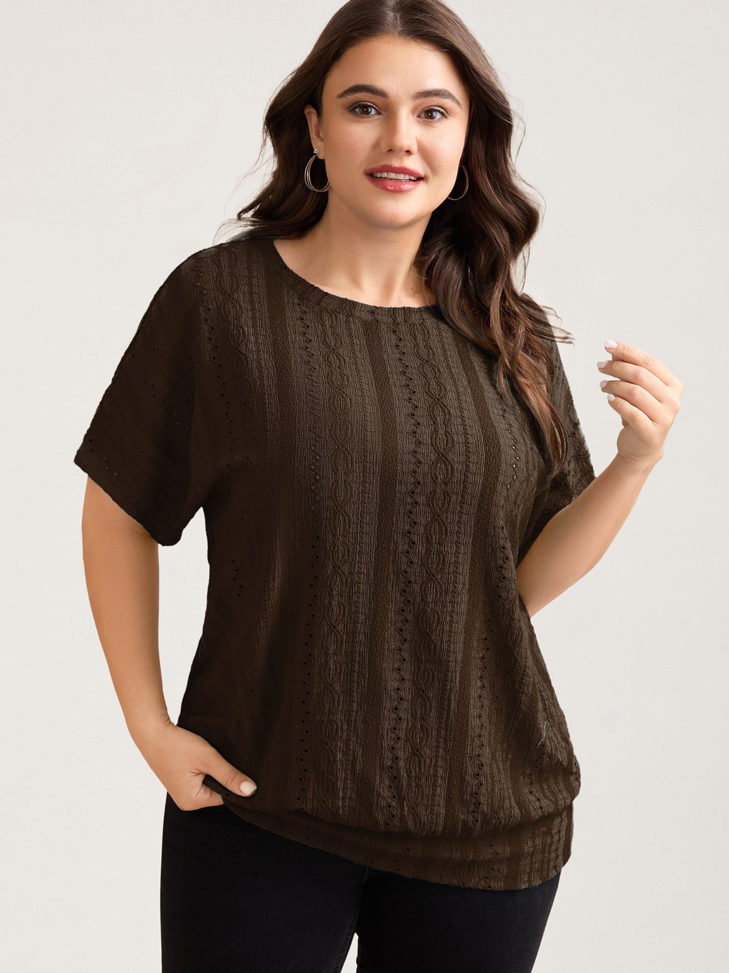 Eyelet Trim Stretchy Textured Plain Top