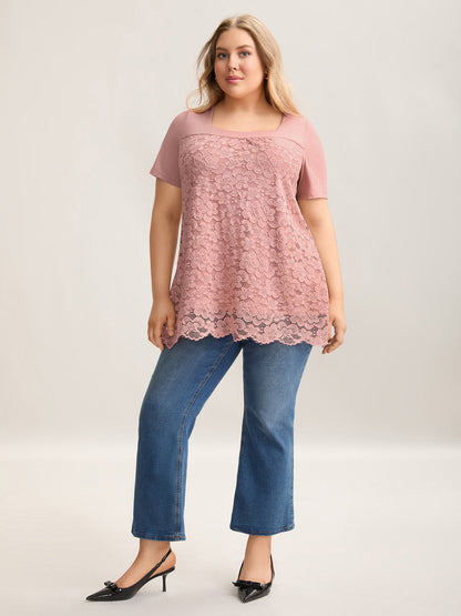 Stretchy Lace Spliced Sweetheart Plain Top
