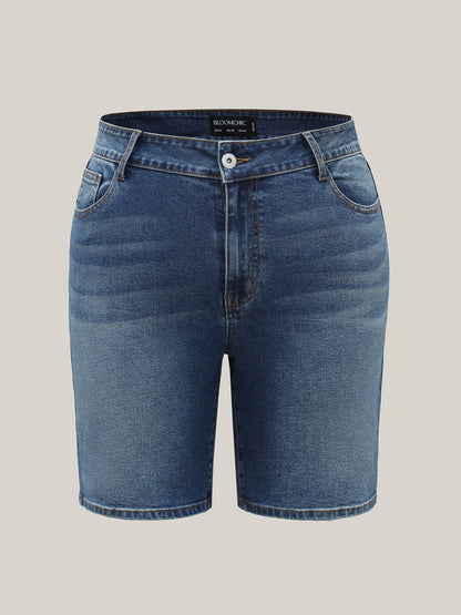 Stretch Straight-Leg Faded Denim Shorts