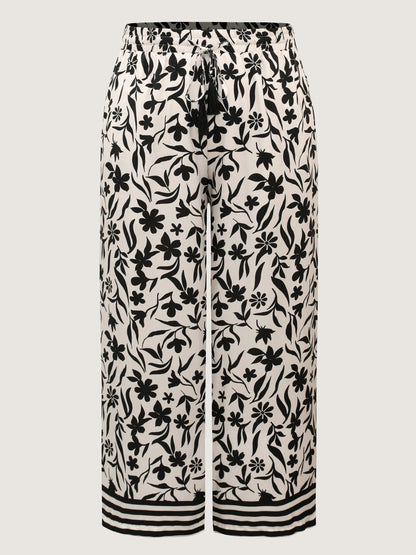 Floral Print Wide-Leg Contrast Pants