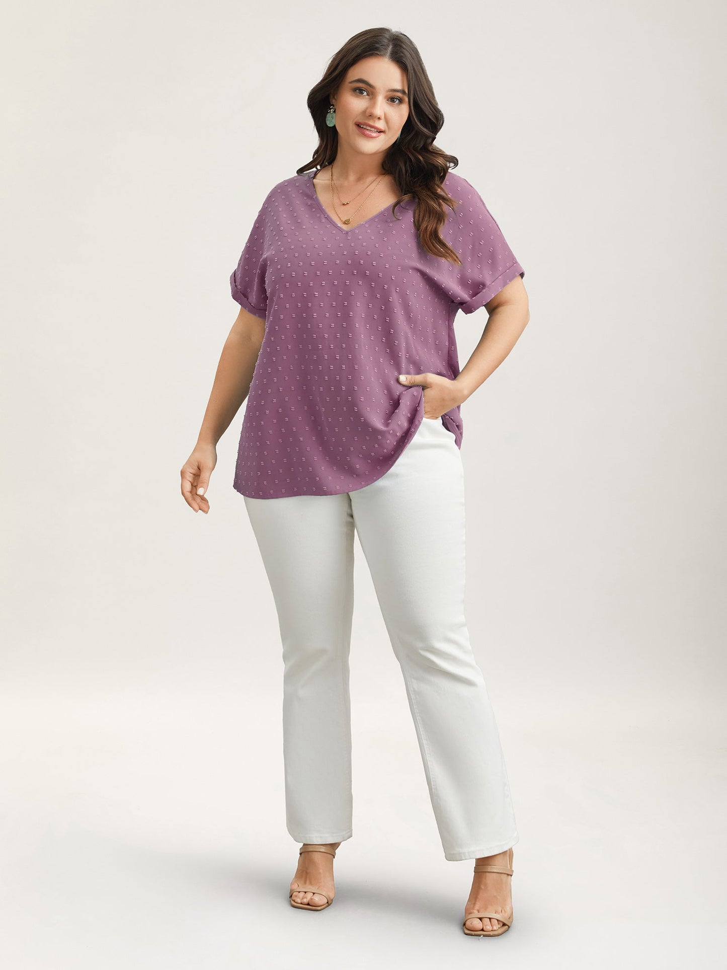 Back-Button Textured V-Neck Shirt