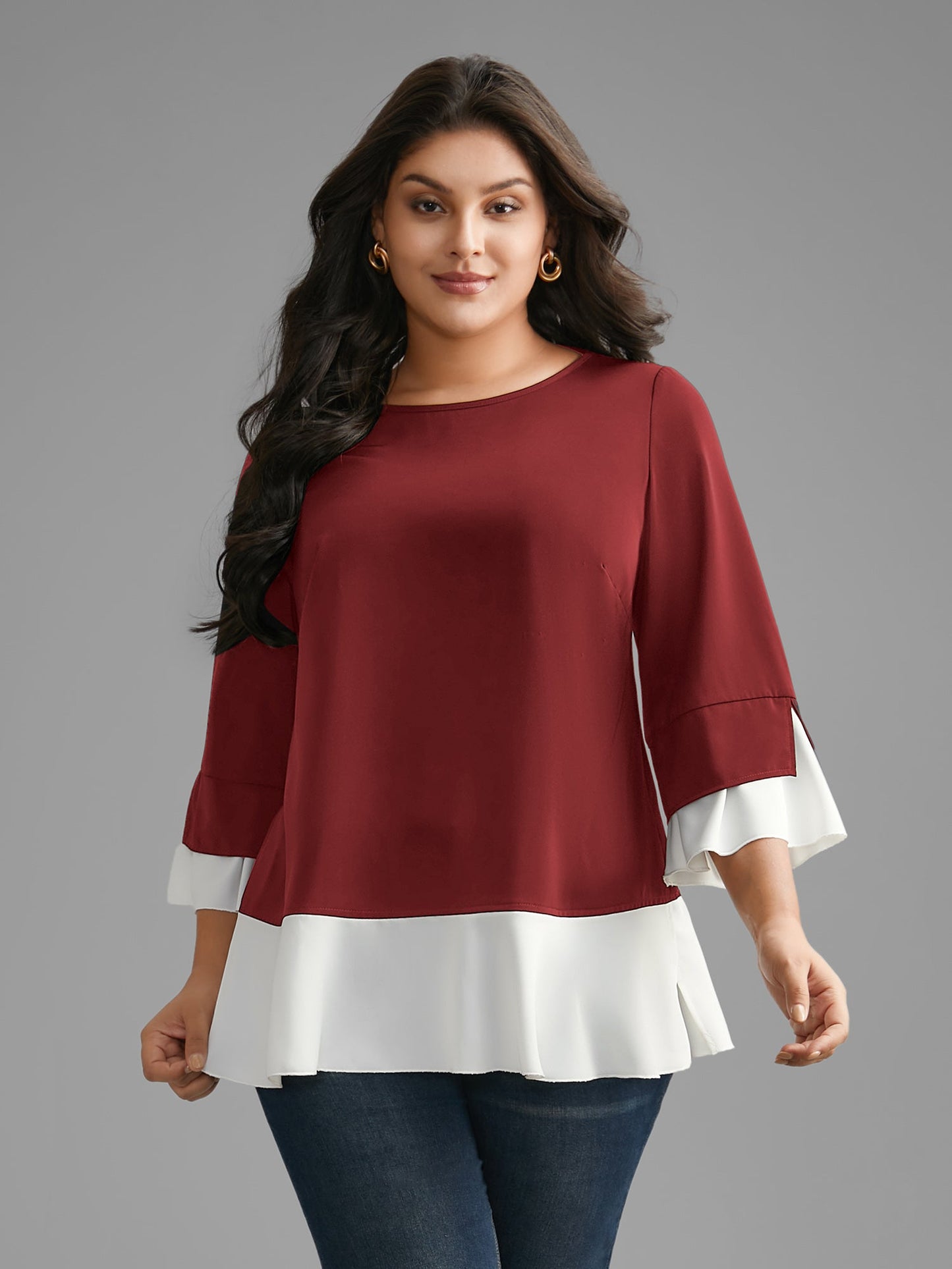 Contrast Patchwork Bell Sleeve Blouse