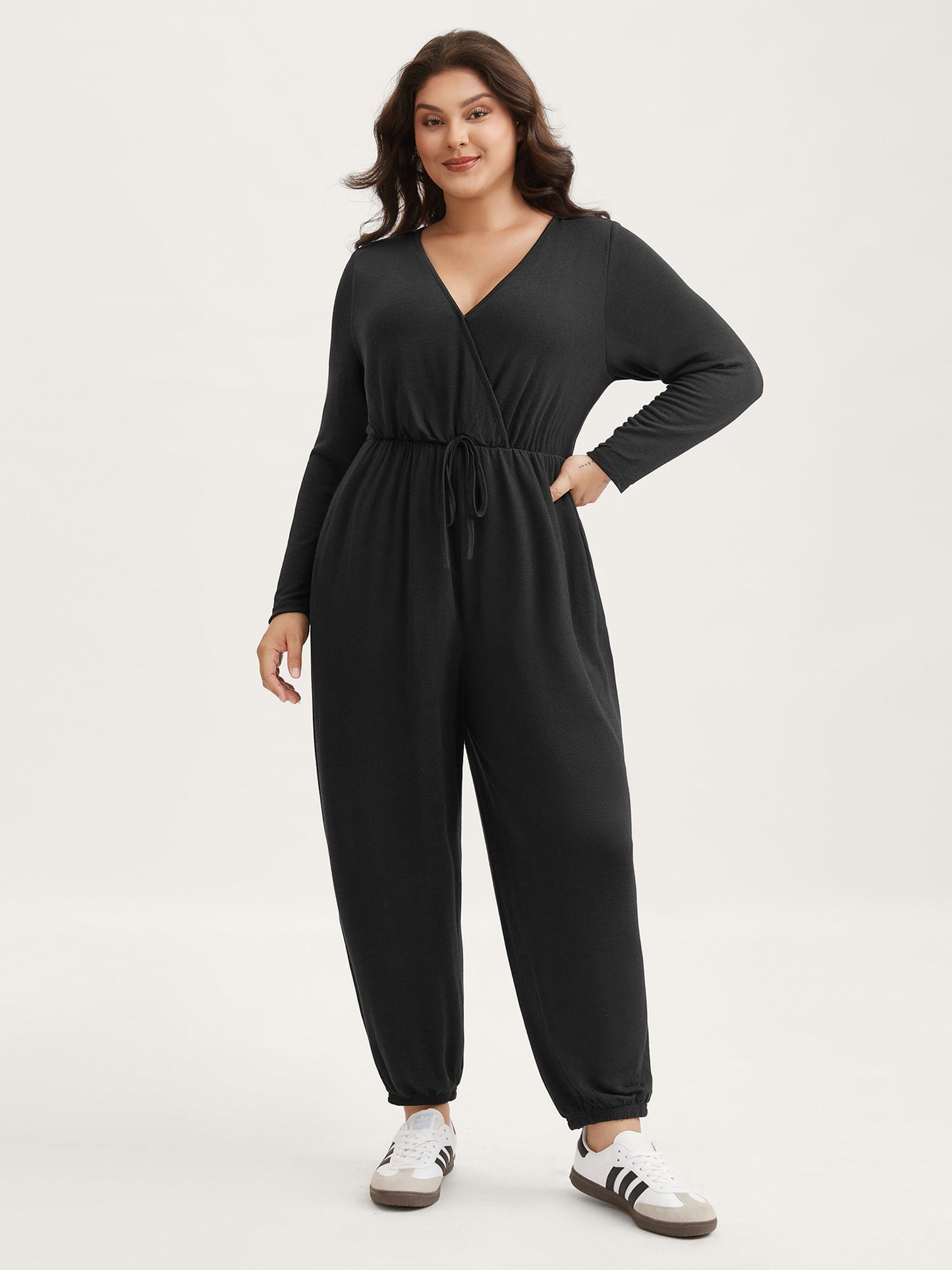 Elastic Waist Overlap Collar Lounge Jumpsuit