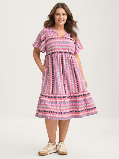 Dot Print Elastic Waist Split Neck Midi Dress