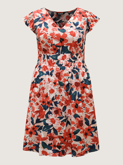 Floral Three-Layered Stretchy Waist Midi Dress