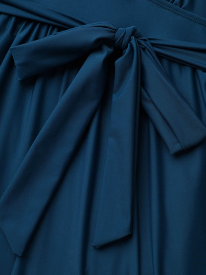 Surplice Neckline Belted Plain One-Piece Swimsuit