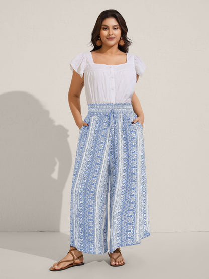Boho Print Shirred Waist Wide-Leg Pants