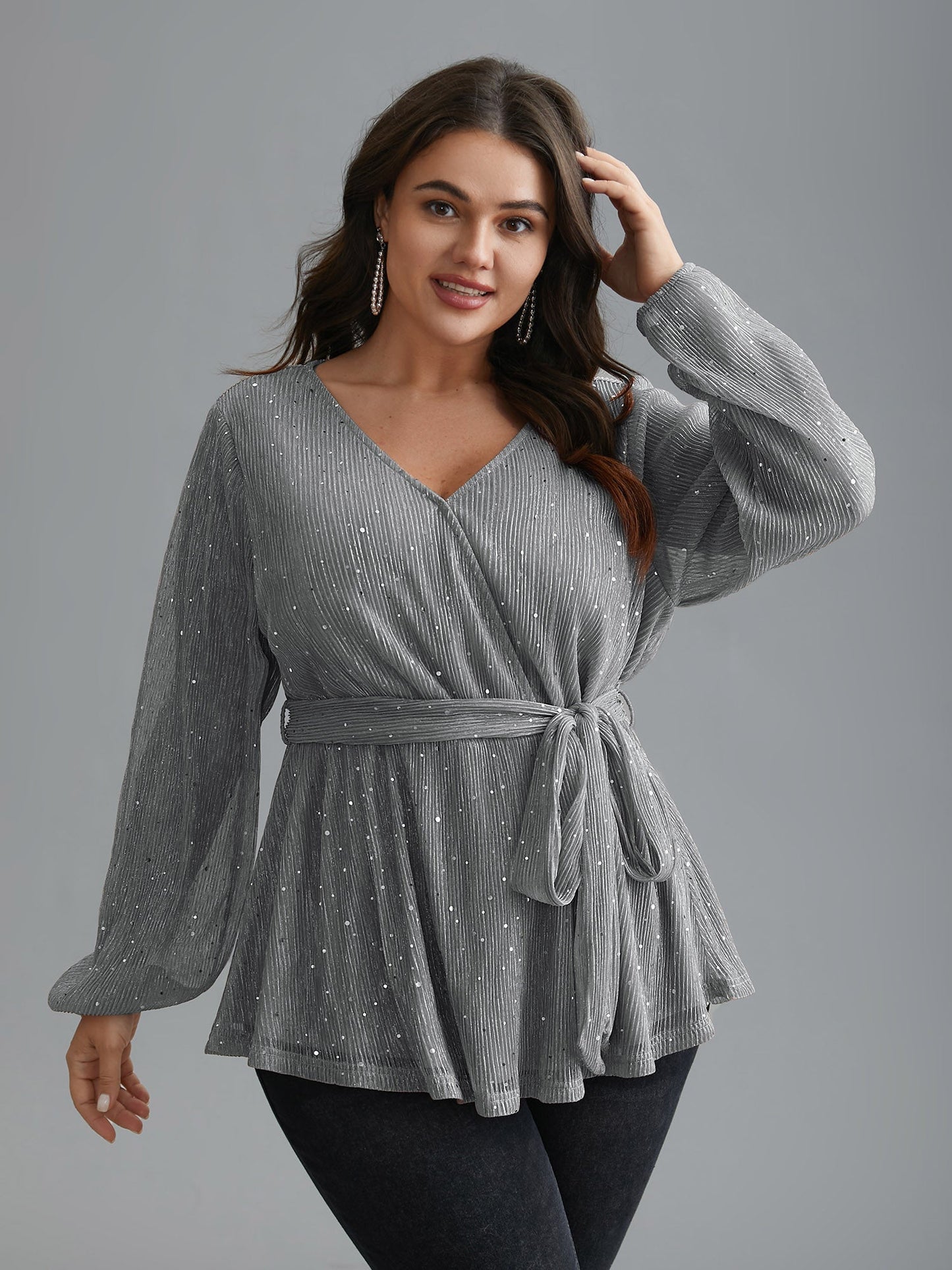 Sequin Mesh Lantern Sleeve Wrap Belted Striped Blouse