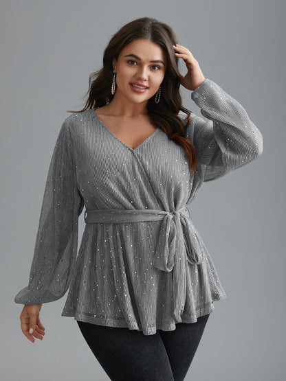 Sequin Mesh Lantern Sleeve Wrap Belted Striped Blouse