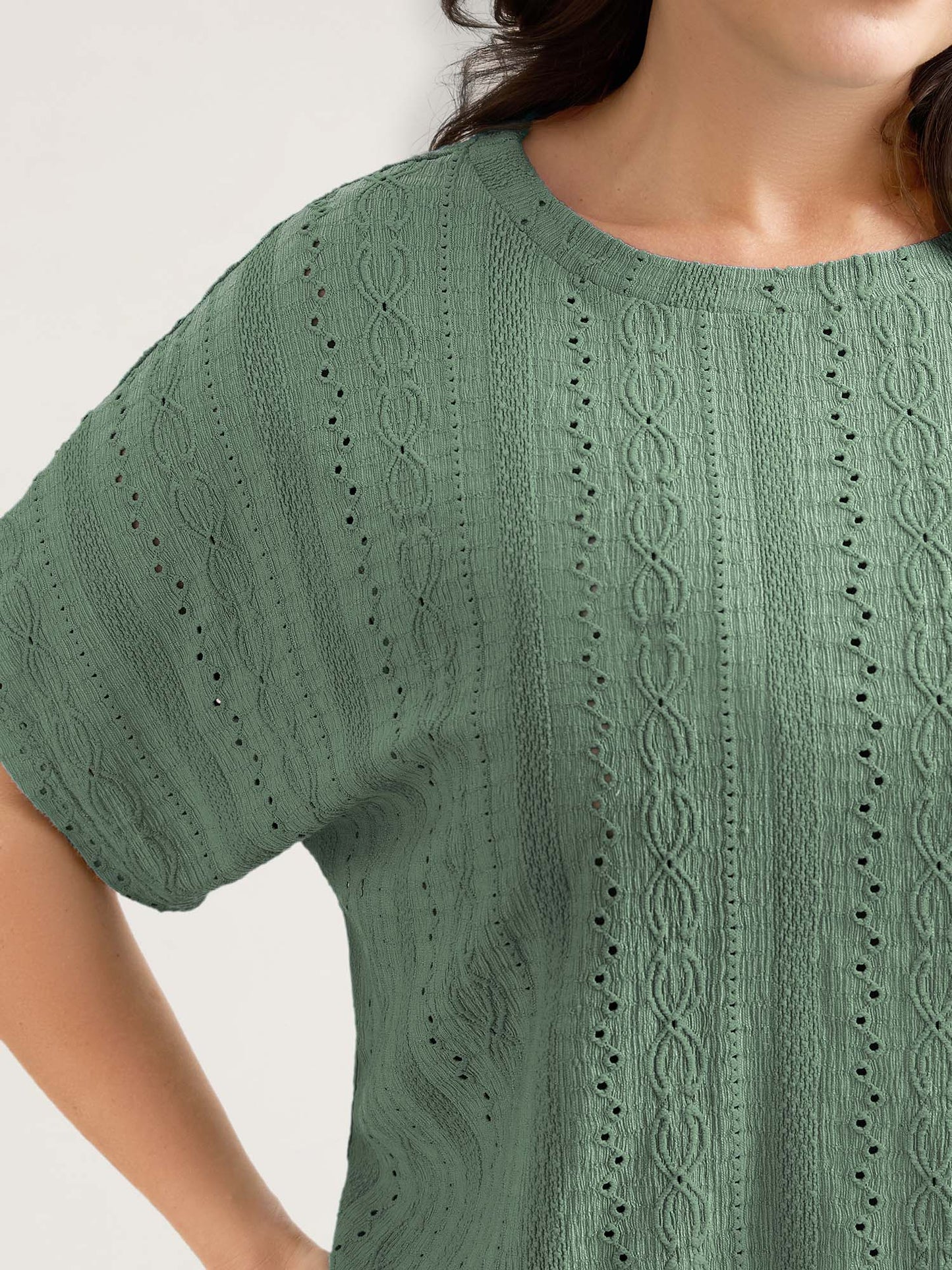 Eyelet Trim Stretchy Textured Plain Top