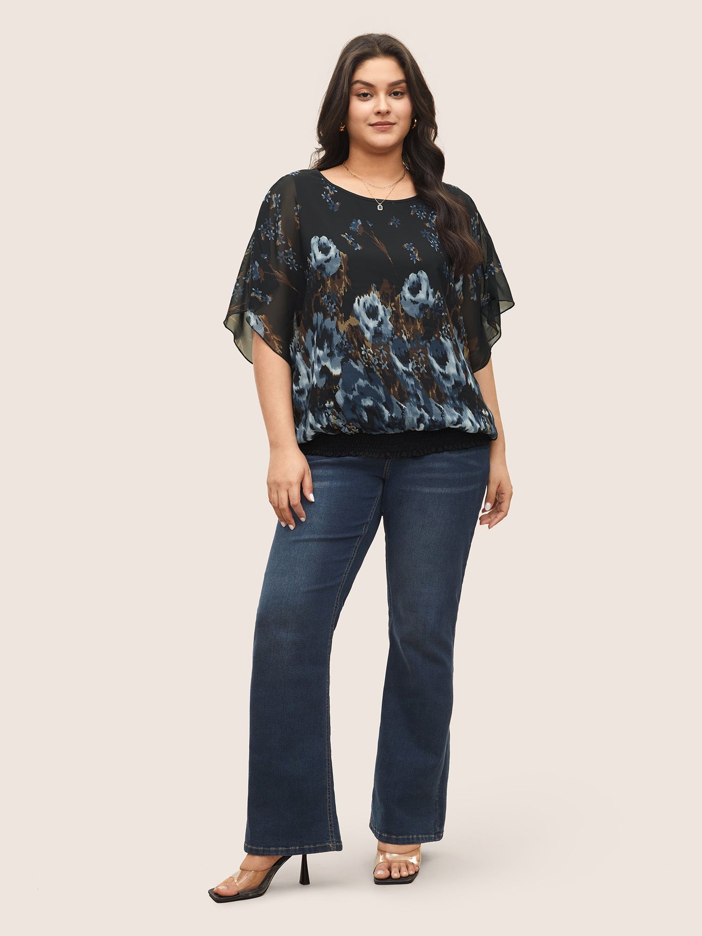 Pixel Flower Shirred Batwing Sleeve Blouse