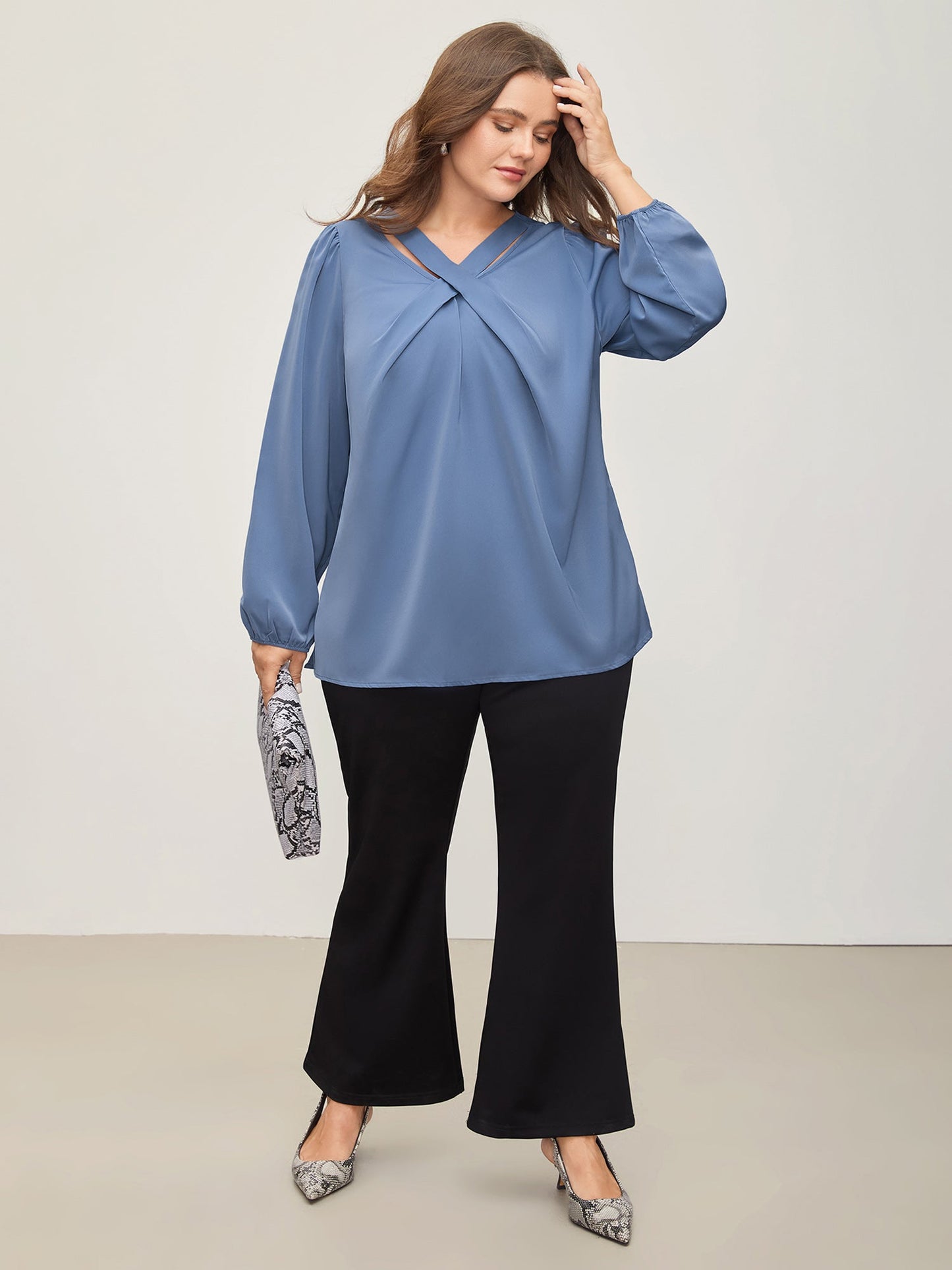 Criss Cross Neckline Puff Sleeve Gathered Blouse