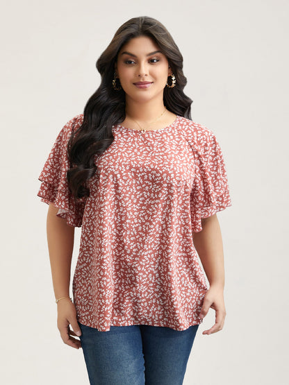 Ditsy Floral Print Tiered Lotus Leaf Sleeve Shirt