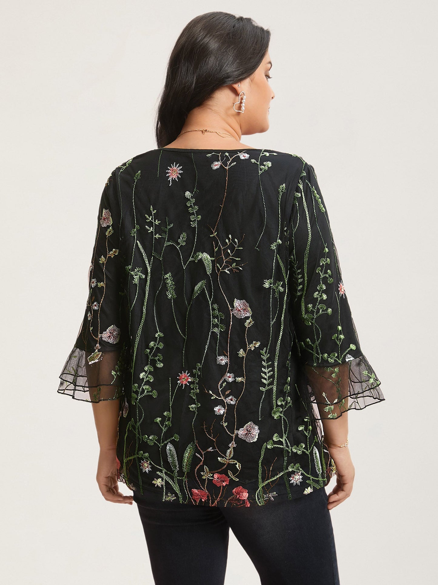 Embroidered Mesh Lotus Leaf Sleeve Blouse