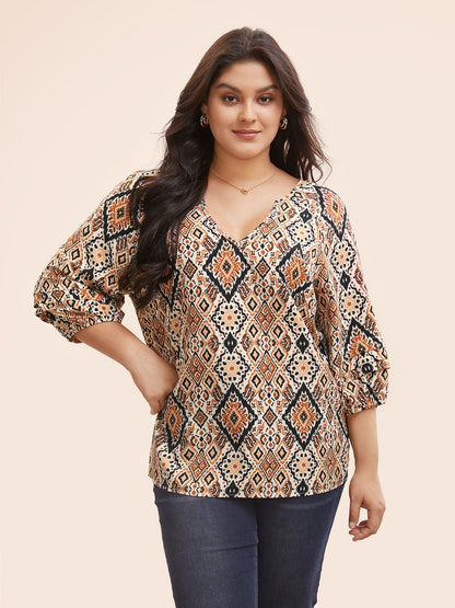 Bandana Geometric Pleated Lantern Sleeve Blouse