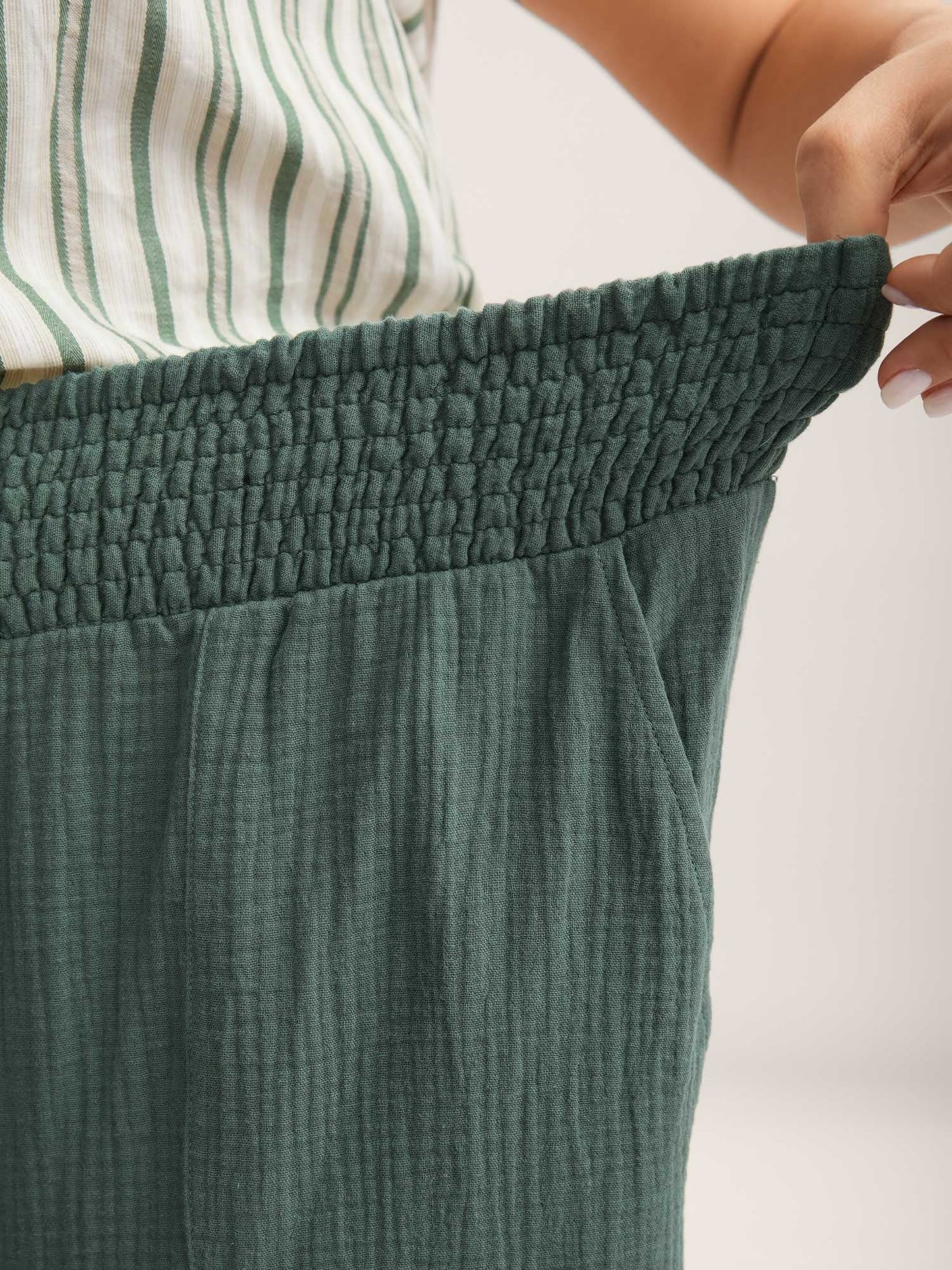 Cotton Shirred Textured Wide-Leg Pants