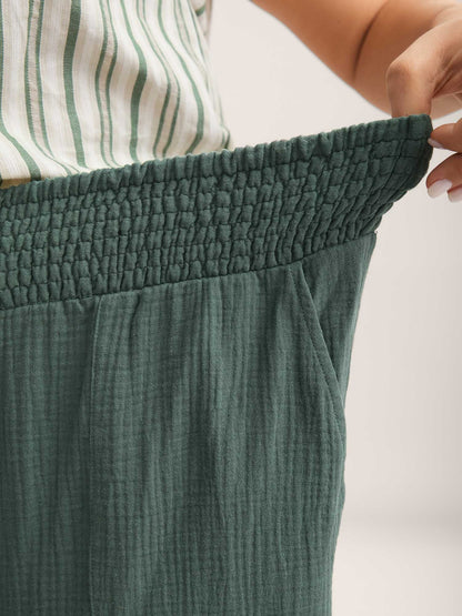Cotton Shirred Textured Wide-Leg Pants