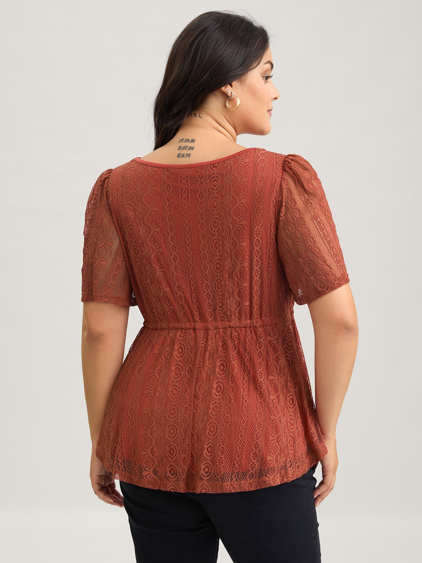 V Neck Lace Panel Drawstring Blouse