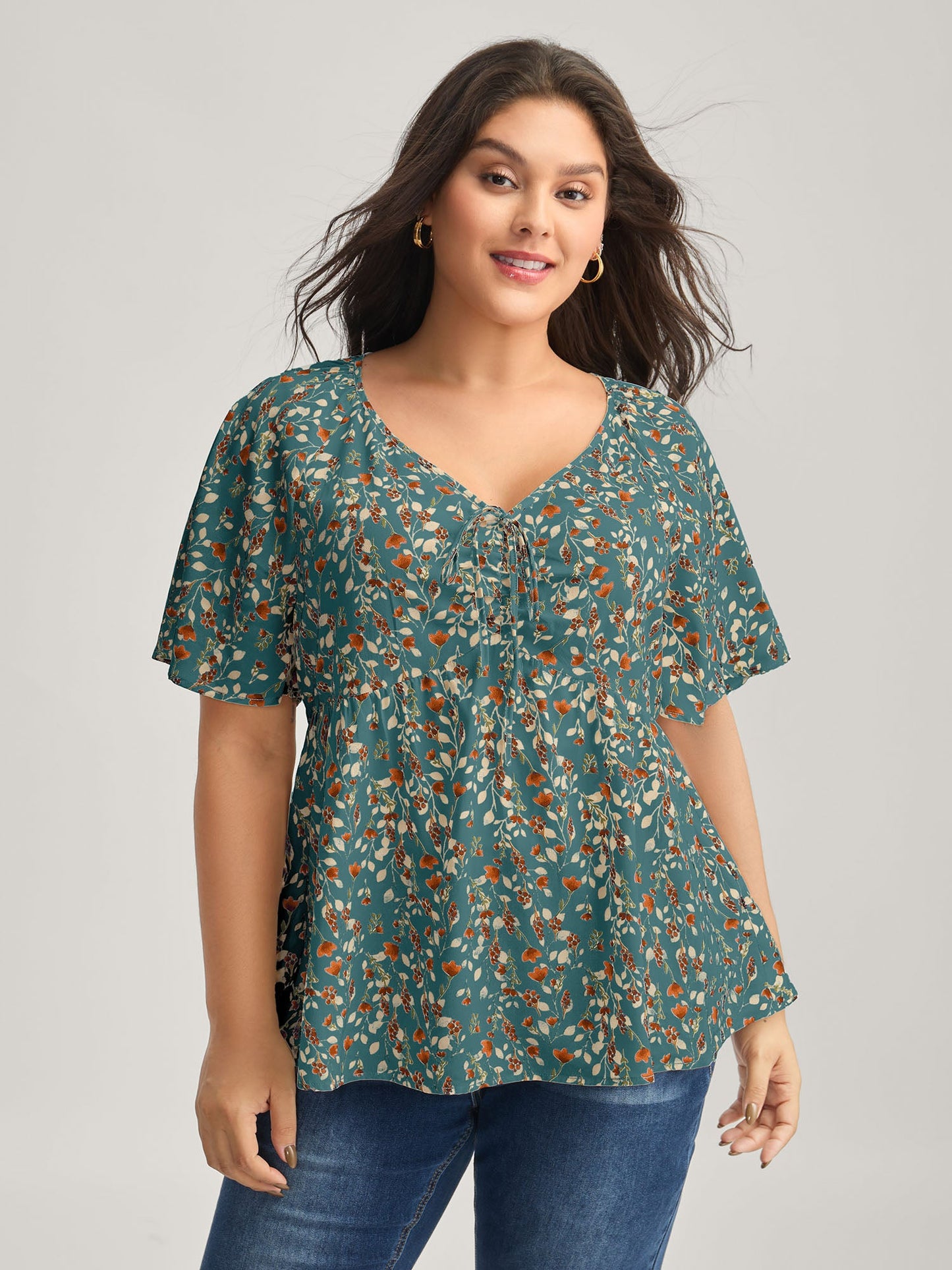 Bust-Comfort Floral Print Tie Blouse