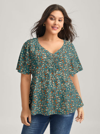Bust-Comfort Floral Print Tie Blouse