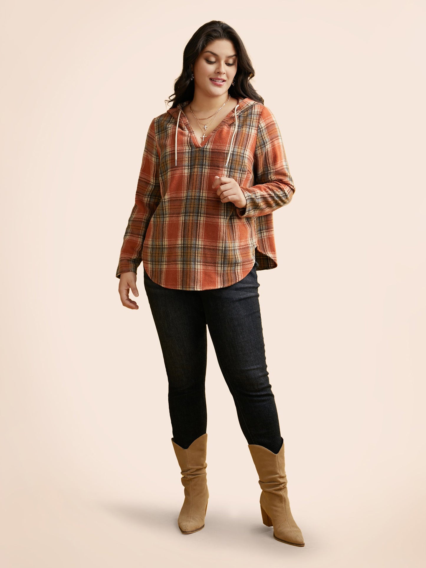 Brushed Fabric Plaid Hooded Sweatshirt