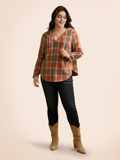 Brushed Fabric Plaid Hooded Sweatshirt