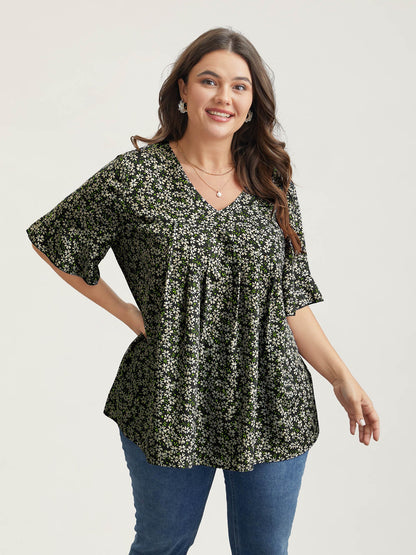 Ditsy Floral Pleated Flared Sleeve Shirt