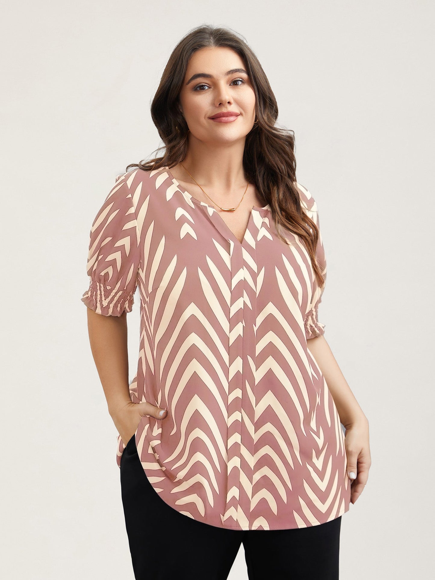 Geometric Print Ruffled Shirred Shirt