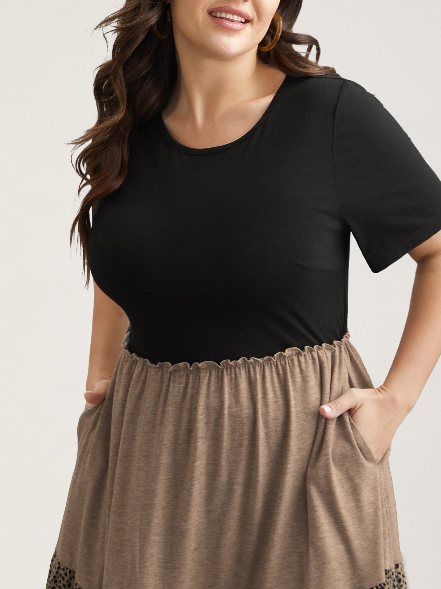 Leopard Print Color-Block Pockets Midi Dress