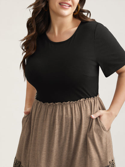 Leopard Print Color-Block Pockets Midi Dress