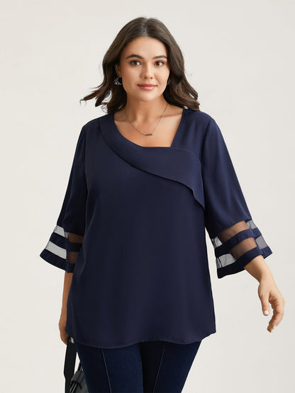 Sheer Sleeve Patchwork Asymmetrical Neckline Blouse