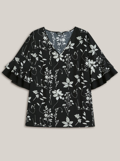 Floral Print Ruffled V-Neck Shirt