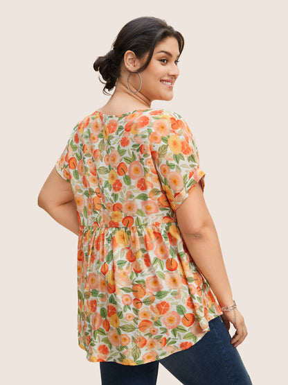 Fruit Print Curved Hem Batwing Sleeve Blouse