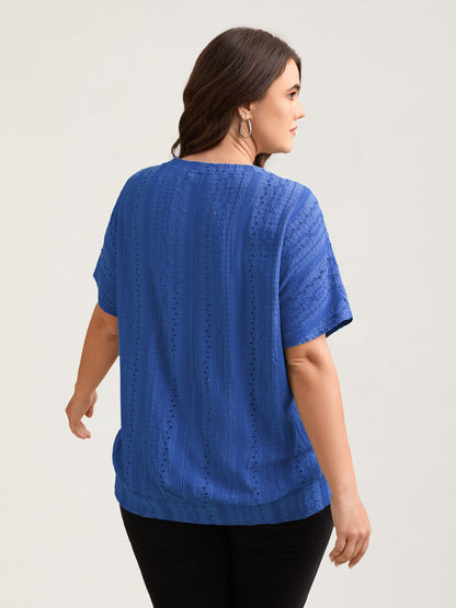 Eyelet Trim Stretchy Textured Plain Top
