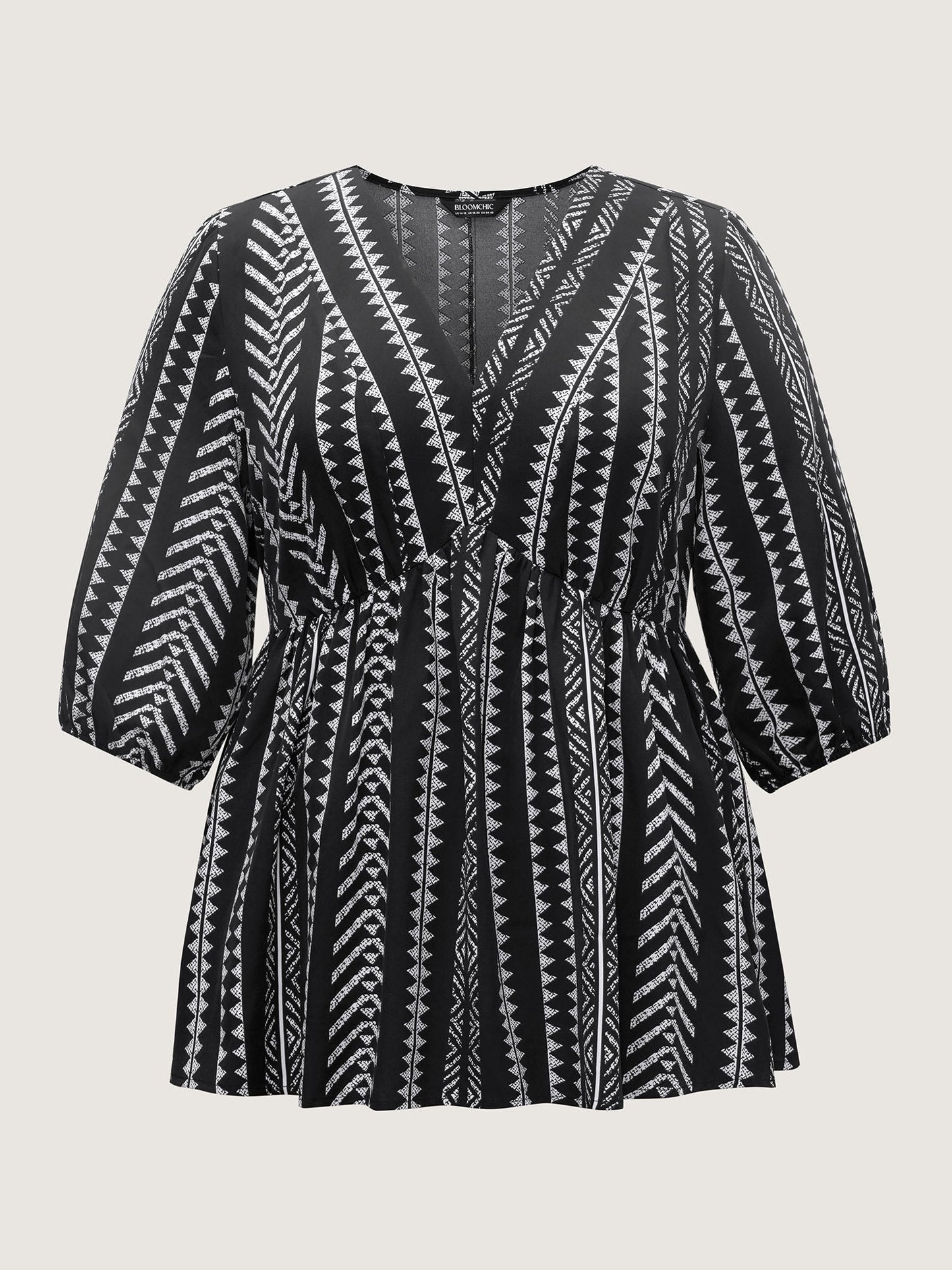 Bandana Geometric Lantern Sleeve Gathered Blouse