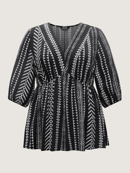 Bandana Geometric Lantern Sleeve Gathered Blouse