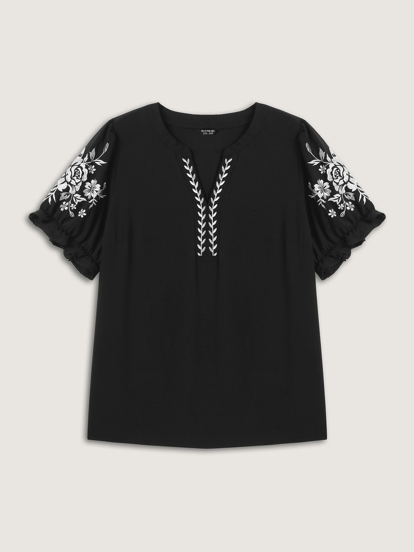 Notched Collar Embroidered Ruffled Blouse