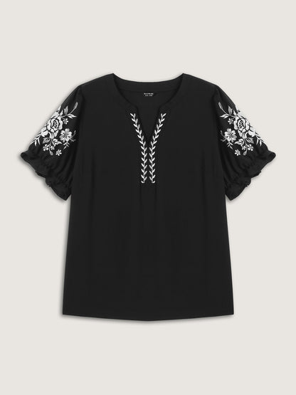 Notched Collar Embroidered Ruffled Blouse