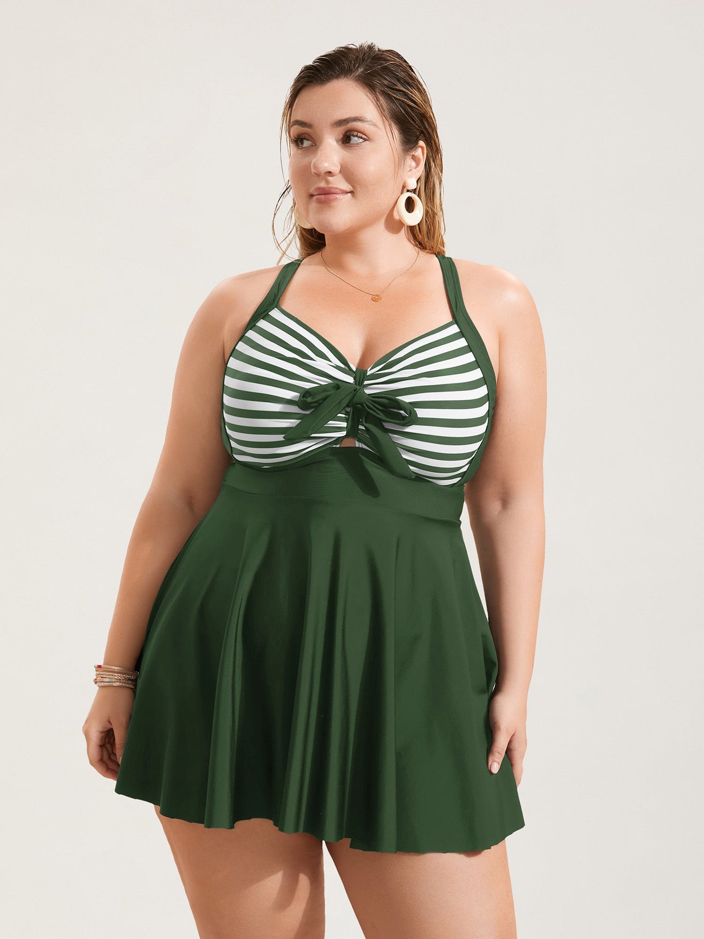 Stripes Patchwork Tie Knot Cross Straps Swim Dress