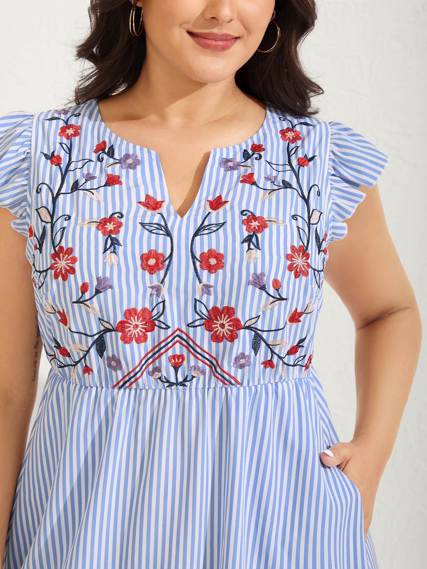 Floral Embroidery Stripes Flutter Midi Dress