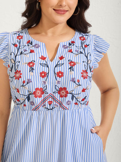Floral Embroidery Stripes Flutter Midi Dress