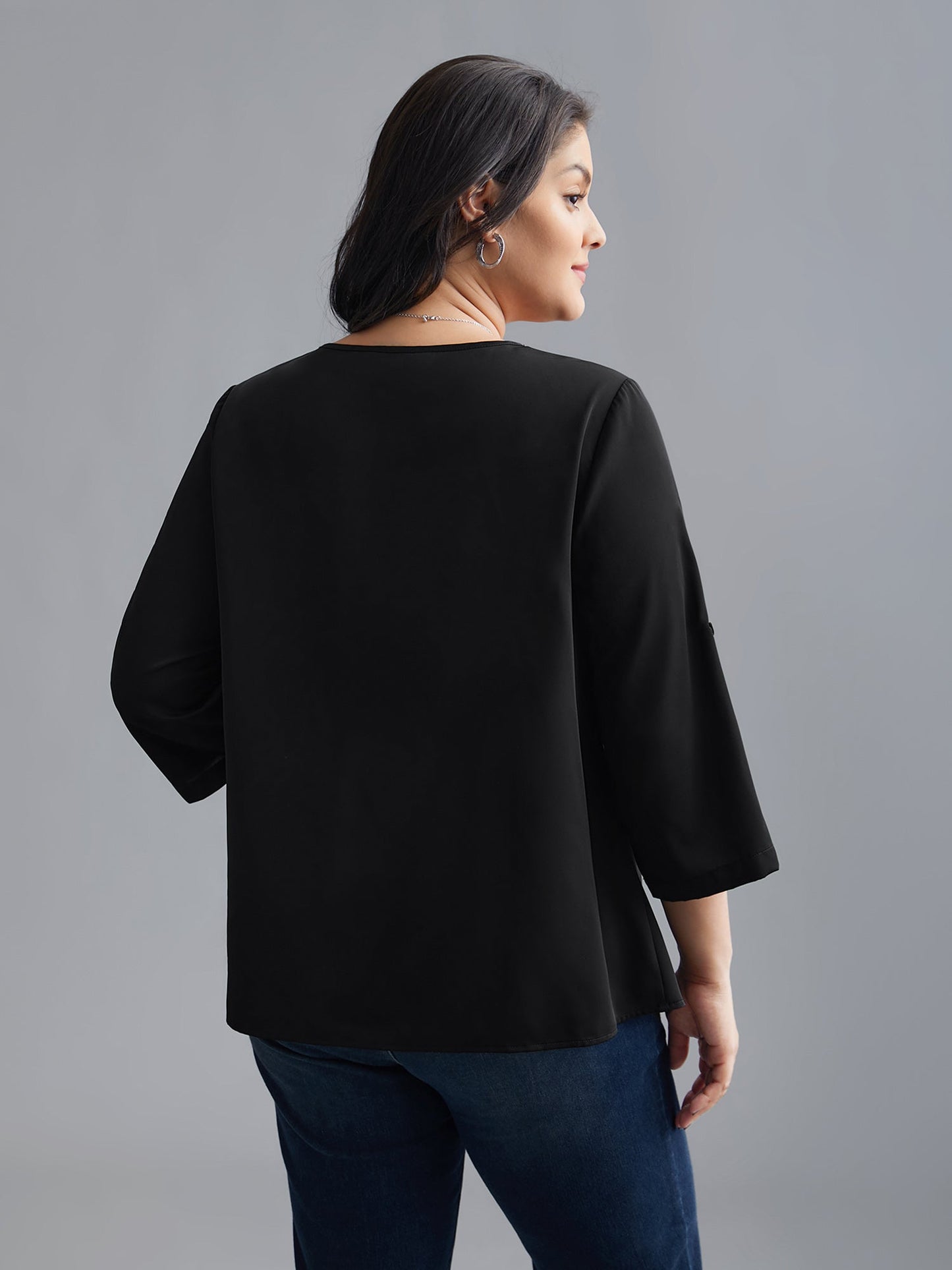 Plain V Neck Half Zip Tab Sleeve Blouse