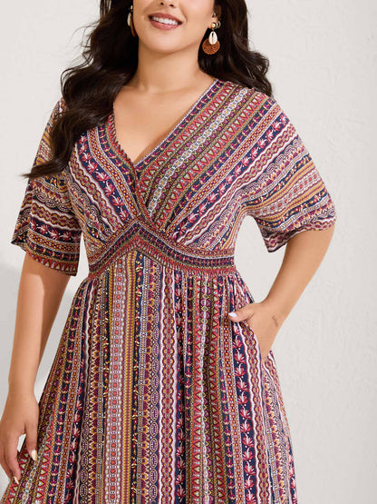 Striped Contrast Dolman Sleeve Shirred Pocket Split Flutter Dress