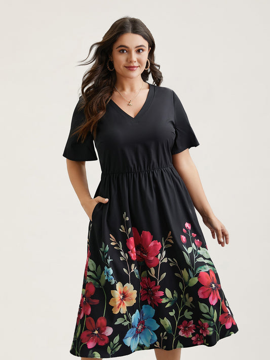 Floral Print V-Neck Half-Sleeve Midi Dress