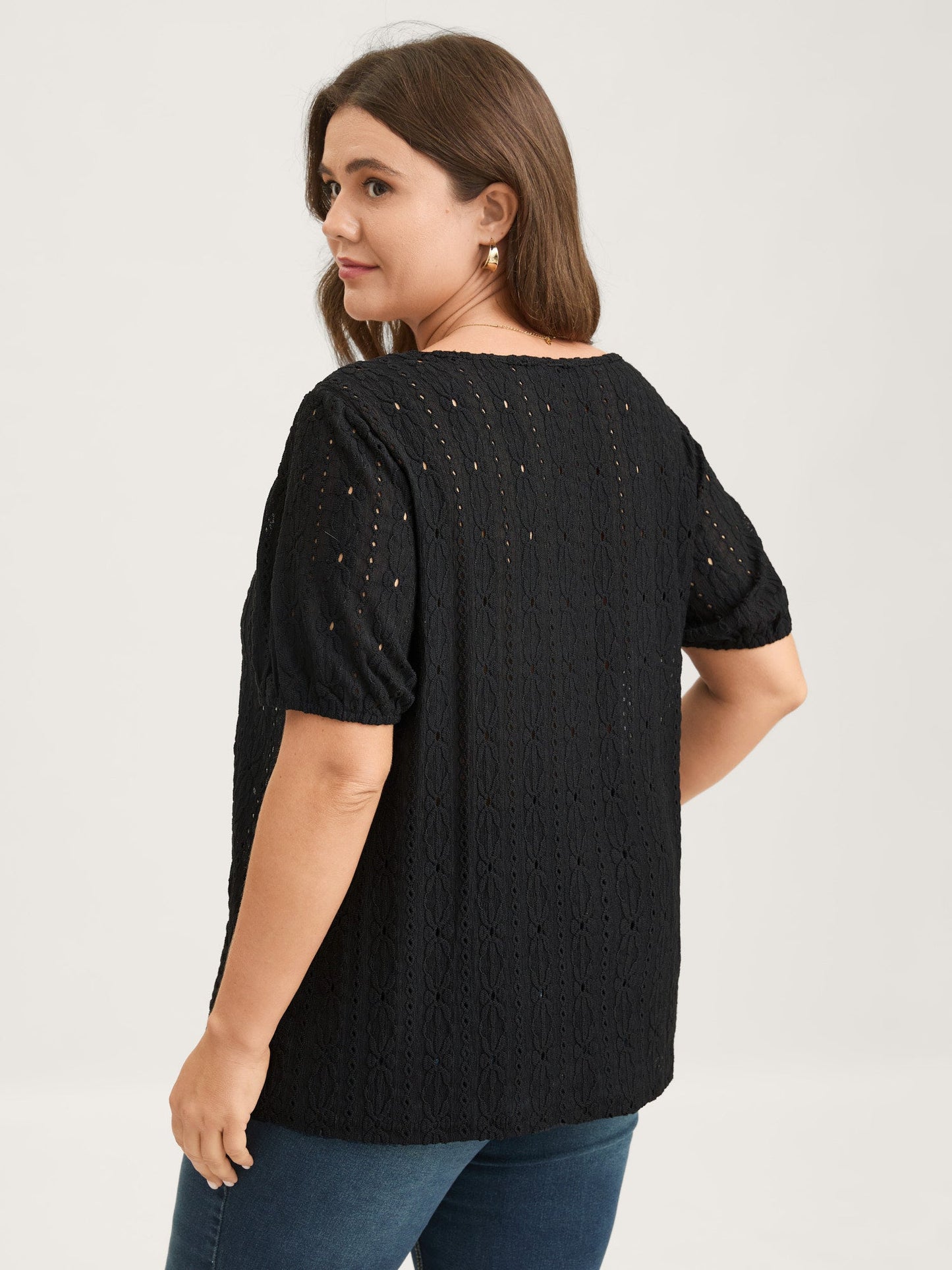 Eyelet Trim Floral Embroidered Solid T-Shirt